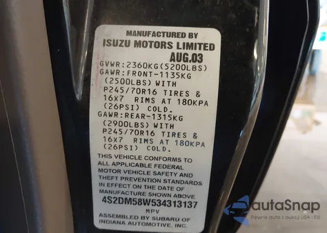 2003 Isuzu Rodeo S 3.2L V6 z USA, uszkodzony, nr VIN 4S2DM58W534313137